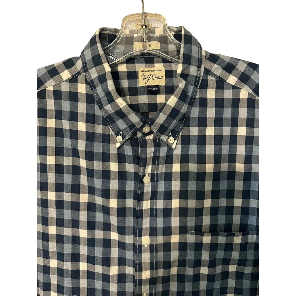 J Crew Mens Button Down Shirt Blue White Check Gingham Long Sleeve Cotton Size L